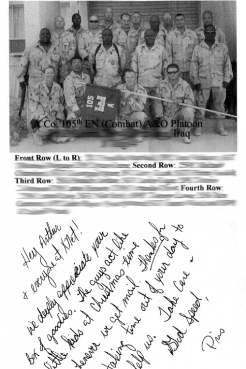 Images and notes we received from the platoon's commanding officer after our first and second rounds of shipments.